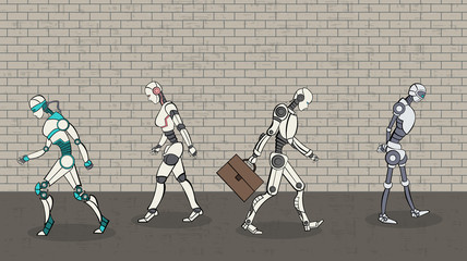 Group of modern robots walking. Cyborgs with artificial intelligence technology.