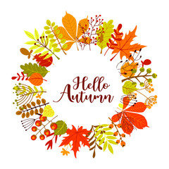 Autumn botanical round frame flat vector template. Leaves and branches border with place for text. Fall season social media banner layout. Leafage, forest and berries illustration.