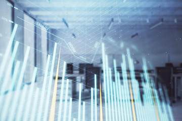 Stock and bond market graph with trading desk bank office interior on background. Multi exposure. Concept of financial analysis