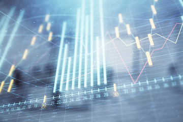 Stock market chart with trading desk bank office interior on background. Double exposure. Concept of financial analysis