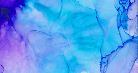 Abstract subtle light sky blue alcohol ink background. Flow liquid watercolor paint splash texture...