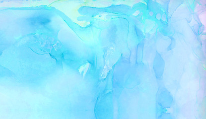 Abstract subtle light sky blue alcohol ink background. Flow liquid watercolor paint splash texture effect illustration for modern card design, creative banners, ethereal graphic design