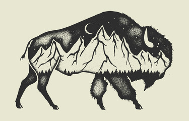 American bison double exposure vintage stamp illustration - United States of America backpacking symbol © Handdraw