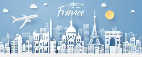 Paper cut of France  landmark, travel and tourism concept.