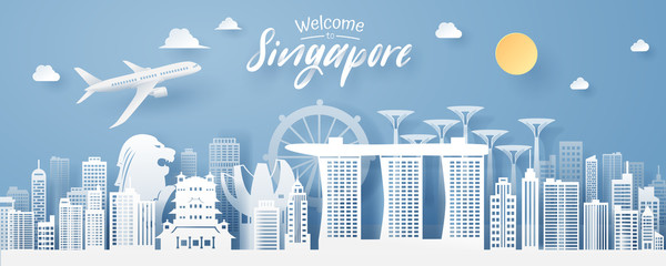 paper cut of singapore landmark, travel and tourism concept. - obrazy, fototapety, plakaty