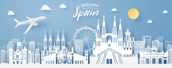 paper cut of spain landmark, travel and tourism concept.