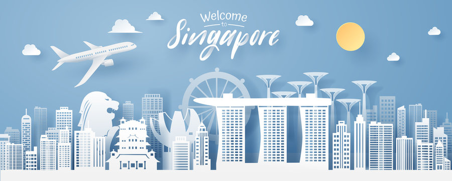 paper cut of singapore landmark, travel and tourism concept.