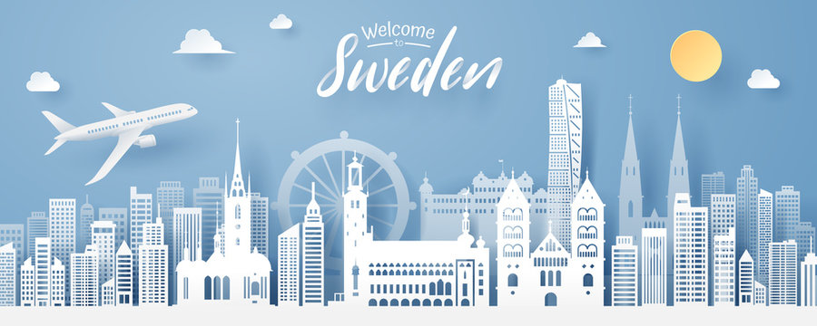 paper cut of sweden landmark, travel and tourism concept.