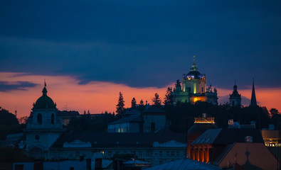 Fototapeta na wymiar St. George's Cathedral in night, Lviv Ukraine Europe 03.10.2019 background, wallpaper