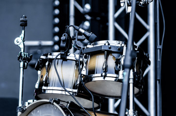 drum with microphone on stage close up
