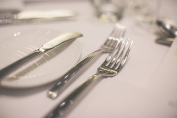 Cutlery, knives, fork and plates on a table in a restaurant before dinner close up