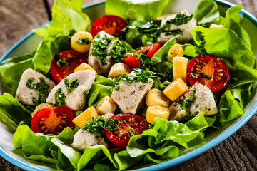 Salad with chicken vegetables and crouton