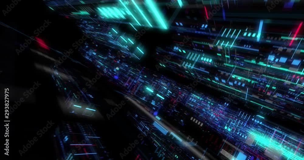 Poster seamless fly through of abstract circuitry with digital grid background, data deep learning computer
