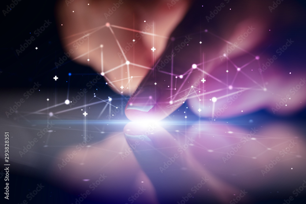 Poster finger touching tablet with global network concept and dark background