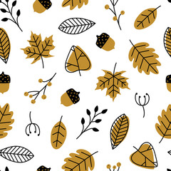 Vector seamless pattern with doodle leaves, acorns. Modern autumn seasonal decor. Flower graphic design