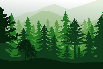 Vector landscape with green forest isolated.
