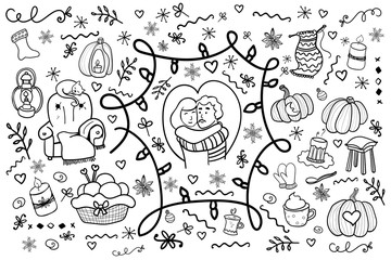 Fototapeta premium Couple in love. Gentle hugs. Attachment. Coloring page adult and kids. Romance, comfort. Man and woman love each other. Cozy. Hygge - Vector. Vector illustration