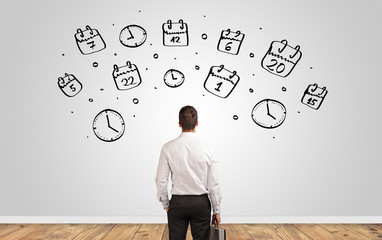 Angry manager looking to wall with drawn overloaded brain concept