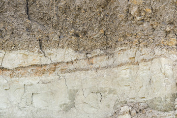 Texture of different layers of clay underground in a clay quarry. clay wall background close up (