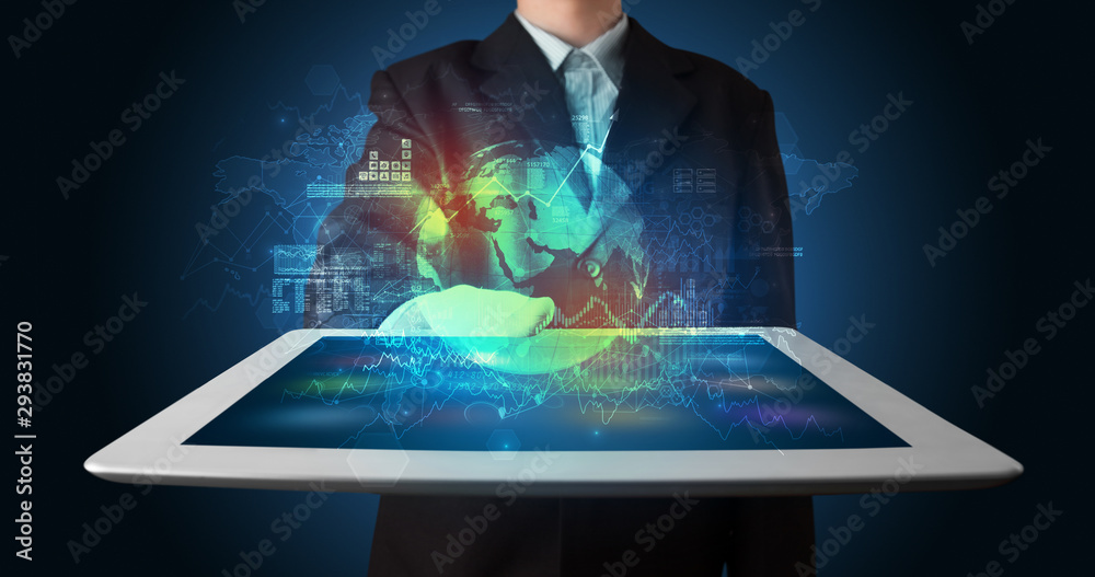 Poster hand holding tablet with global database concept