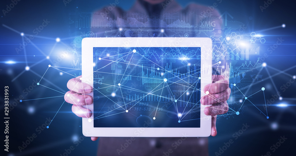 Poster elegant hand holding tablet with virtual database and network concept