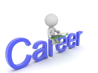 3D Character reading book while sitting on text saying Career