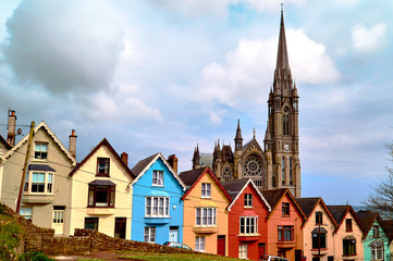 famous Irish cathedral in Cork in the old village and colored houses in front