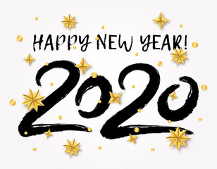 Vector illustration with 2020 hand written lettering with golden Christmas stars isolated on white background. Trendy Happy New Year greeting banner, poster or card design.