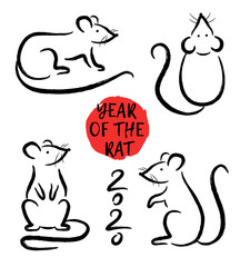 Vector set with hand drawn rats. Symbol Zodiac sign. Decorative elements for Chinese Happy New 2020 Year