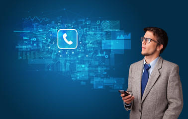 Young person using phone with mail and online communication concept