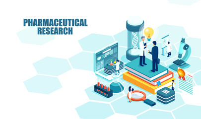 vector of a pharmaceutical research laboratory with scientists working to develop new drugs and genetic testing
