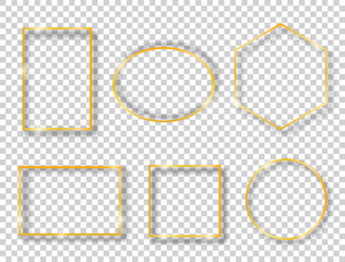 Vector set with golden shiny vintage frames isolated on transparent background. Luxury glowing realistic borders with shadows: oval, round, hexagon, square shapes