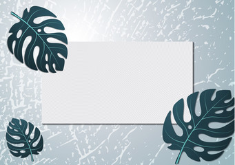 Monstera tropical leaves on wood texture background. Invitation card design template. Rectangular frame for text. Botanical design.