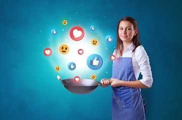 Young happy person cooking social media concept in wok