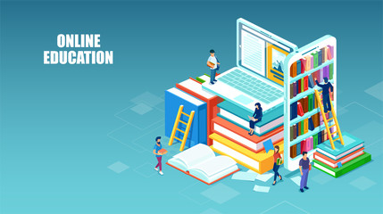 Vector of students picking books online from bookshelves on mobile phone screens learning online on laptop