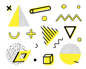Vector set with trendy geometric shapes. Retro funky graphic, 90s and 80s design elements for magazine, leaflet, billboard, print, cover, banners