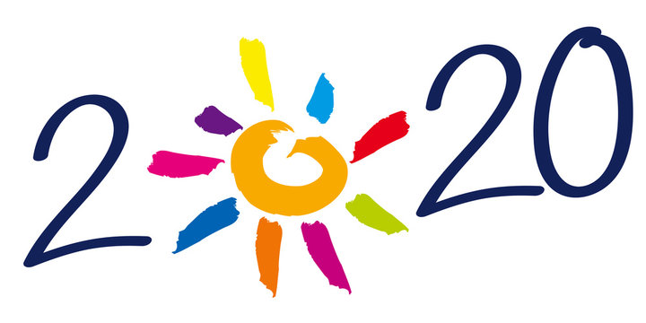 Carte de vœux 2020 avec un soleil aux rayons multicolores à la place du zéro. Symbole d’une belle année en perspective.