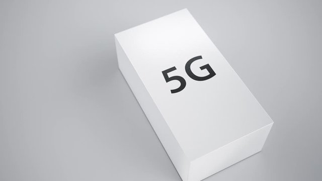 White glossy cardboard box on white background, package for device or smartphone, 5g symbol on top cover. Concept of new technology delivering.  Camera reverse zoom movement, 3g cgi 60 fps animation.