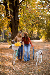 Fototapeta premium Two female friends walking in the yellow autumn park with dog and bicycle