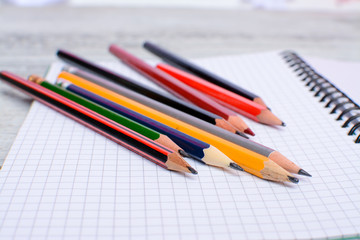 Colorful pencils on white sheet of paper