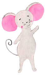 little cute mouse with pink ears waving paw. funny character, watercolor for prints, design, postcards, posters. symbol of the year
