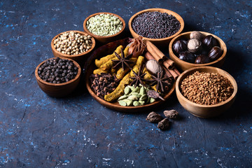 Dry warming Indian spicesin on plate for autumn winter meal on dark blue concrete background.