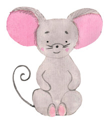 little cute mouse with pink ears sitting on the floor. watercolor illustration for prints, design, postcards, posters. symbol of the year