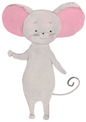 smiling little mouse with pink ears. watercolor illustration for prints, design, postcards, posters. symbol of the year