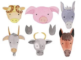 Meubelstickers Boerderij Set aquarel portretten van landbouwhuisdieren - koe, schaap en geit. gezichten van varkens, paarden en ezels. met hoefsporen. aquarel illustratie voor prints, posters, kaarten, design.