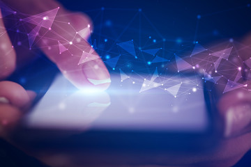 Finger touching phone with human network concept and dark background