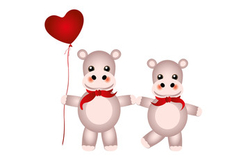 Two cute hippos hand in hand with red scarves and heart balloon isolated on white background