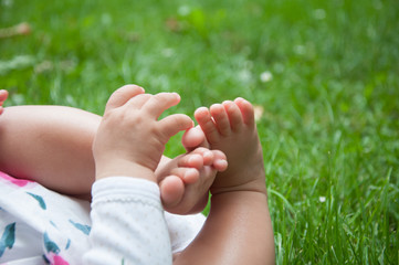 Naklejka premium baby feet and hand in grass