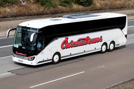 FRANKFURT AM MAIN, GERMANY - September 22, 2018: Cazmatrans intercity bus on motorway. Cazmatrans Group has 1.200,00 employees and more than 600 buses which yearly cover 34.000.000 kilometers.