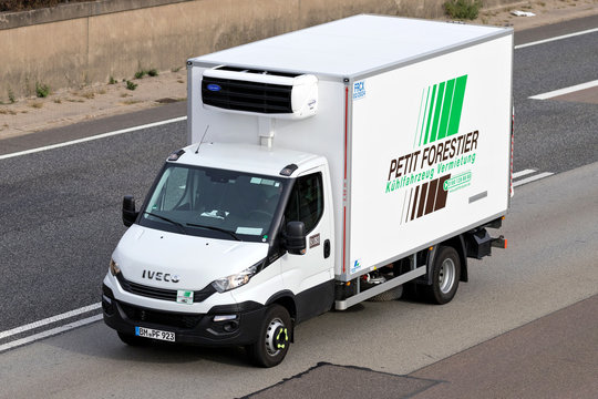 FRANKFURT AM MAIN, GERMANY - September 22, 2018: Petit Forestier van on motorway. Petit Forestier ist the European leader in refrigerated vehicle and container rental.